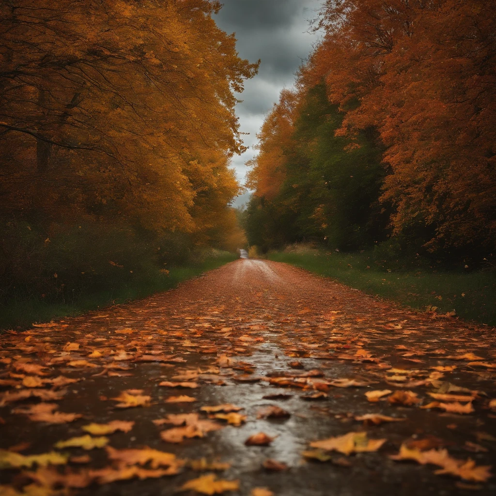 landscape. autumn. trees. Foliage is a little green, more yellow, orange and red. Black cumulus clouds in the sky. gusts of wind, leaves fly from the trees and fall from the ground. Heavy rain. Copper raindrops in the foreground.
Puddles on the path.
High quality, detailing. Realism.