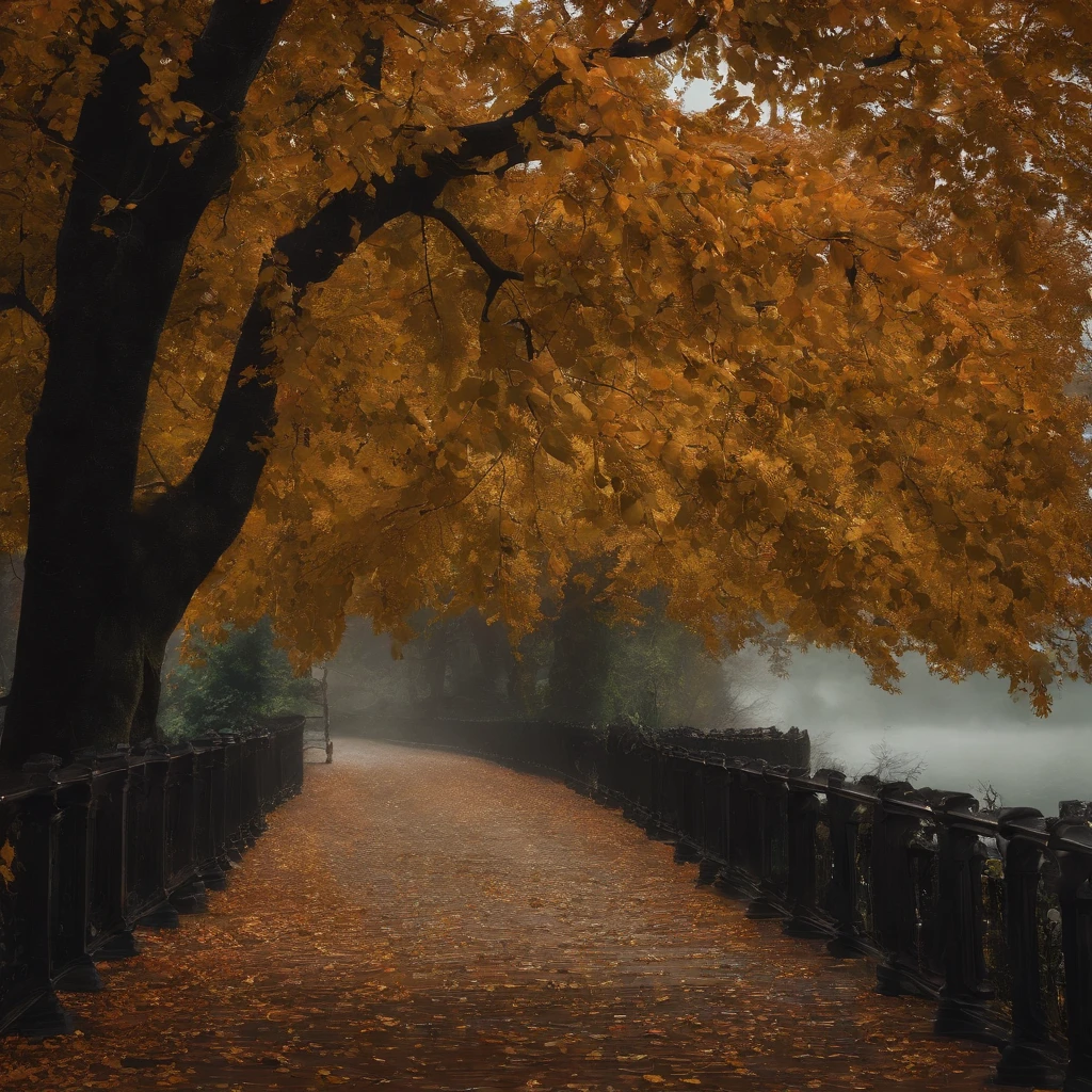landscape. autumn. trees. Foliage is a little green, more yellow, orange and red. Black cumulus clouds in the sky. gusts of wind, leaves fly from the trees and fall from the ground. Heavy rain. Copper raindrops in the foreground.
Puddles on the path.
High quality, detailing. Realism.
