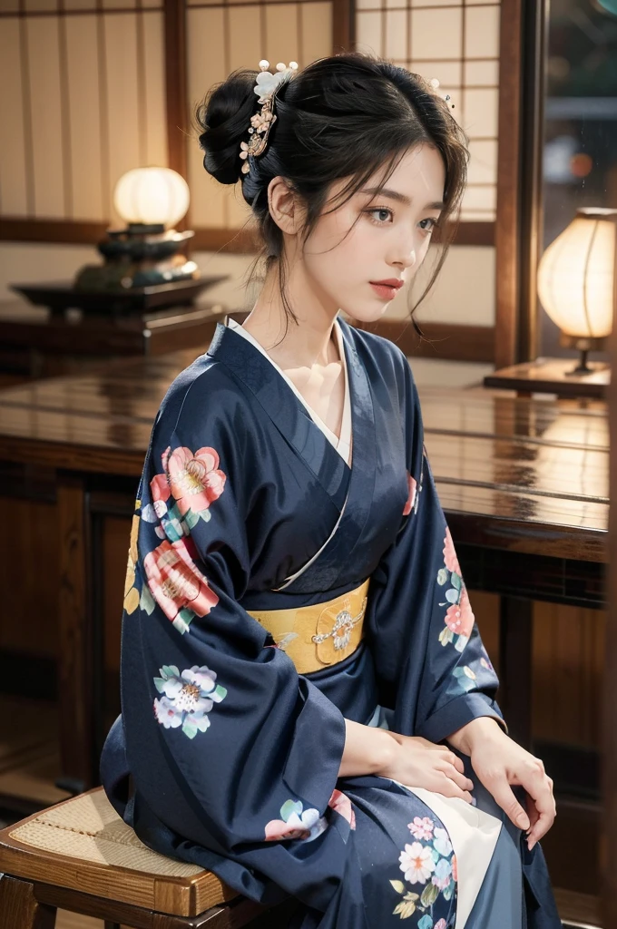 (((best quality))),(((ultra detailed))),(((masterpiece))),illustration,((1 beautiful Japanese girl,solo)),((slim,thin)),((small breasts,flat chest)),serene,melancholic,(rainy:1.3),(night scene:1.3),(in izakaya:1.3),(bun hair:1.2),(traditional Navy blue floral kimono:1.3),cozy atmosphere,ethereal appearance,delicate features,expressive eyes,contemplation,numbs loneliness,intricate kimono patterns,billowing kimono,traditional beauty,(Sitting on a stool at the dining table:1.3),sliding doors,rainy alley,soft glow lanterns,warm ambiance,vapor,atmospheric haze,introspection,isolation,beauty in solitude,complex emotions,quiet moments,Drinking Alone,narrative,loneliness,yearning,inner peace,((from front,upper body))