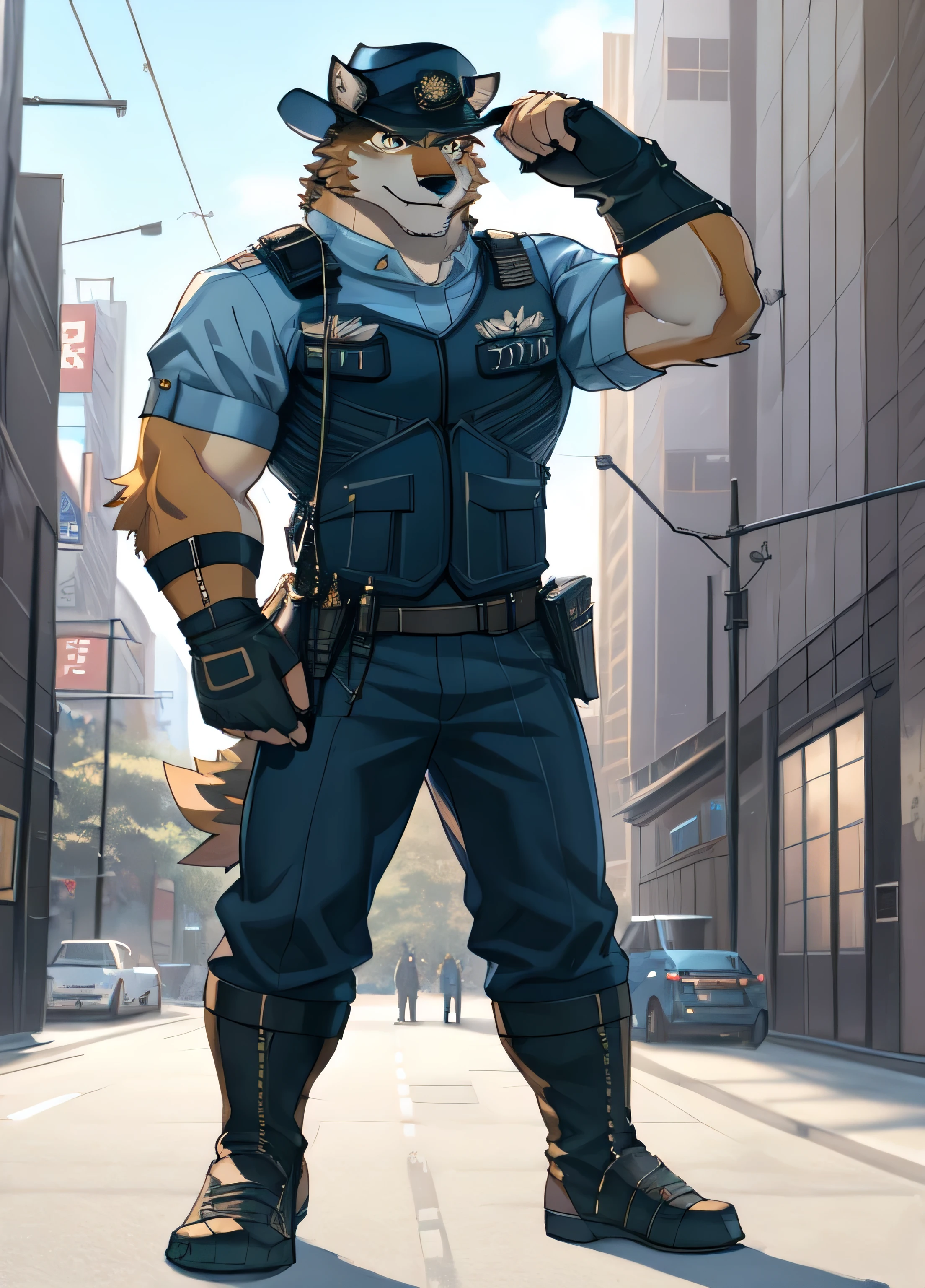 barrel(live a hero), (soft shading), 4k, hi res, ((detailed face, detailed eyes, detailed)), (full body), by zackarry911, by zaush, (by personalami:0.5), mature male, bara, muscular male, muscular,  huge muscular arms, (pose), tokyo \(city\), street,solo, looking at viewer, smile, shirt, gloves, 1boy, hat, weapon, male focus, cowboy shot, black gloves, pants, fingerless gloves, uniform, feet out of frame, bulge, blue pants, police, police uniform, (police hat), (tail), wolf tail, police station