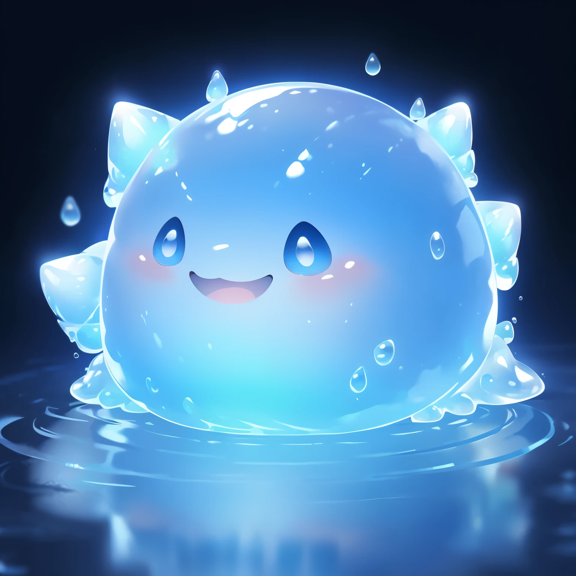 a cute blue slime, transparent liquid sphere, gelatinous, gooey, shimmering, reflective surface, soft form, slimy, amorphous, undulating, liquid-like, viscous, bioluminescent, glowing, floating in midair, Abstract, minimalist, geometric, surreal, dreamlike, 8k, high quality, cinematic, volumetric, physically-based rendering