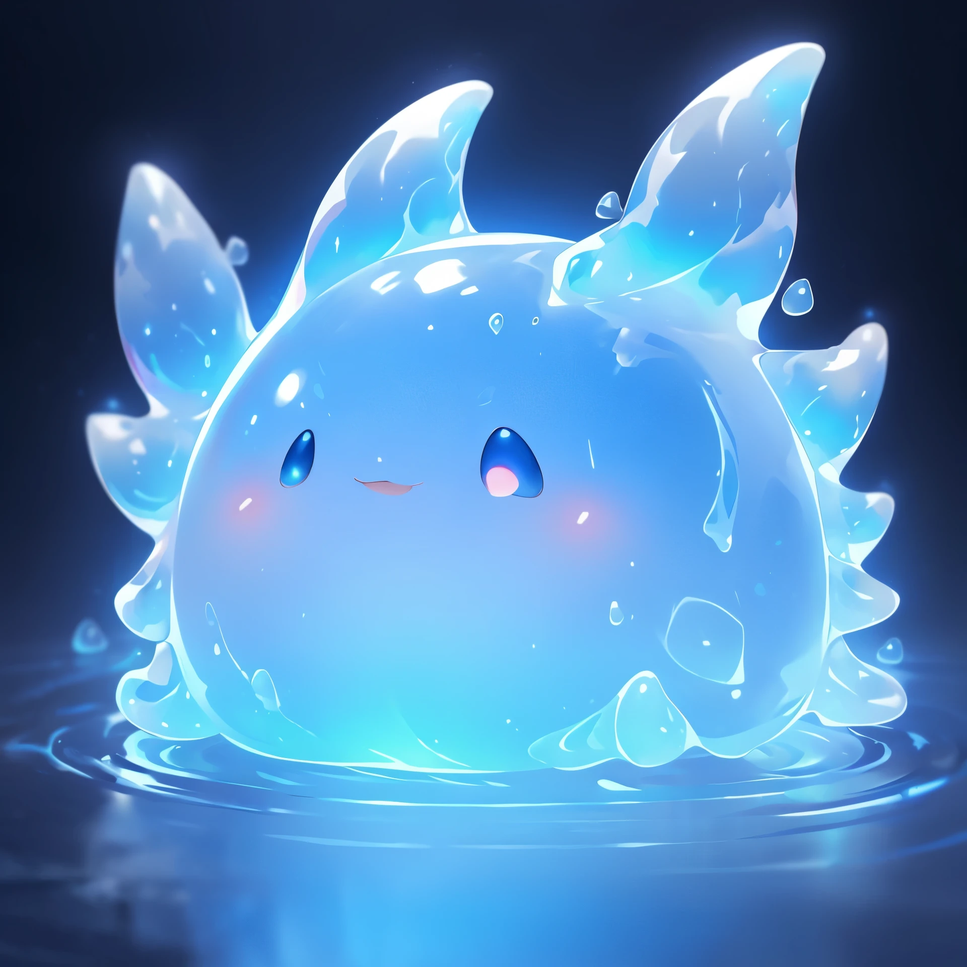 a cute blue slime, transparent liquid sphere, gelatinous, gooey, shimmering, reflective surface, soft form, slimy, amorphous, undulating, liquid-like, viscous, bioluminescent, glowing, floating in midair, Abstract, minimalist, geometric, surreal, dreamlike, 8k, high quality, cinematic, volumetric, physically-based rendering