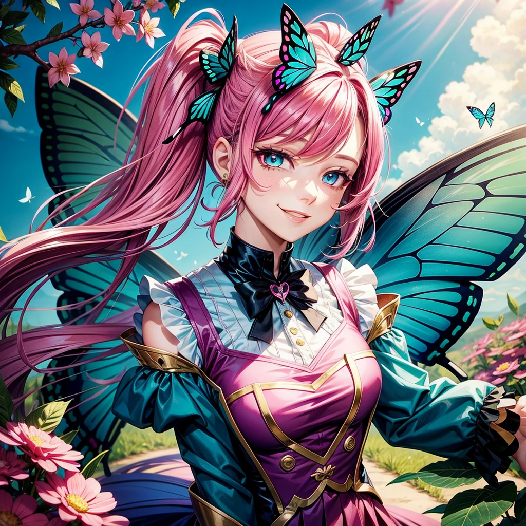 Magenta hair, pretty eyes, older woman, hair bows, cat ears, long hair, smiling face, sexy outfit, butterflies, teal and gold outfit, butterfly background, uniform top