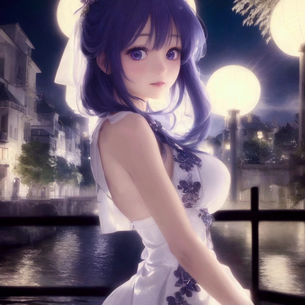 a beautiful anime girl in a white dress standing on a bridge by a river, detailed anime style, 4k, 8k, highres, masterpiece, ultra-detailed, realistic, photorealistic, photo-realistic, HDR, UHD, studio lighting, ultra-fine painting, sharp focus, physically-based rendering, extreme detail description, professional, vivid colors, bokeh, konachan