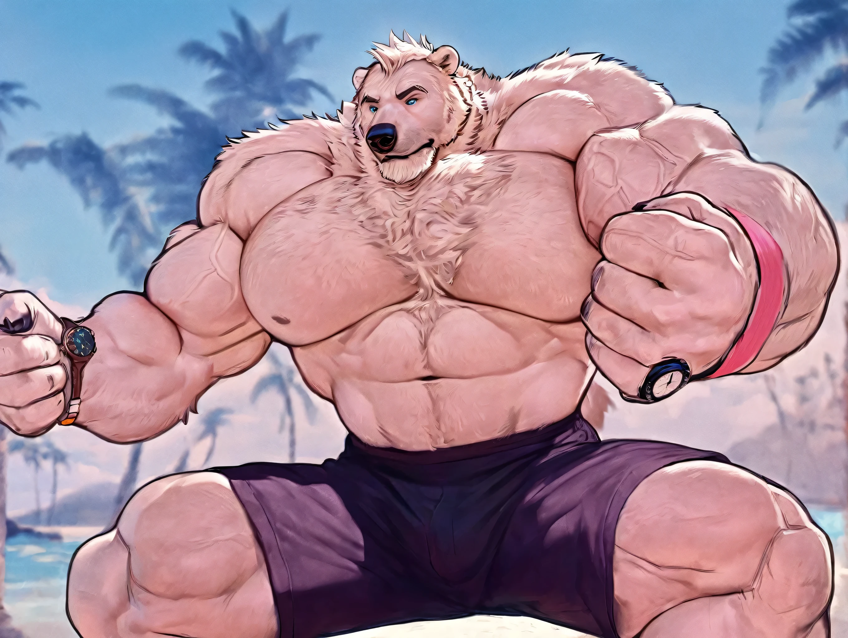 huge muscular polar bear Dad in Tropical Beach, big growl, polar bear, huge white fur, thick arm, huge arm, bearded. Shortest white hair and white beard, white mustache, bearded white, (muscular, pectoral, wide pectoral, thick arms), correct anatomy, beach, palm, realistic, detailed eyes, 8k, masterpiece, added grayish eyebrows, deatiled eyes with blue pupils, (wearing black shorts, wristband, watch, shirtles and topless), crouching, straining and cringing, growing maximus massive muscle powers from his veins