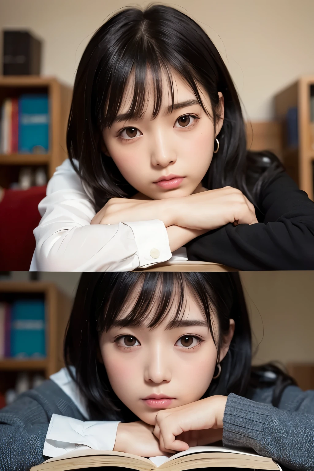bangs, Medium Hair, 斜めbangs, Black Hair、Simple Background, Rounded outline、Round Nose、Droopy eyes、Small eyes、Small Mouth