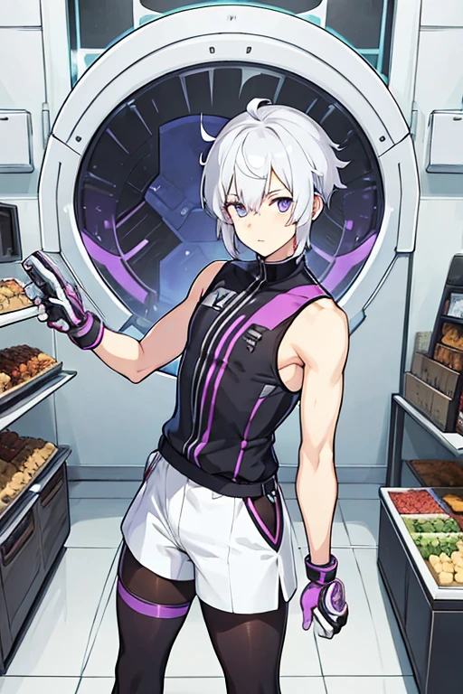 man, gay, short white hair with a purple fringe, White cap, with robotic left arm, black sleeveless shirt, Morados shorts, long tights, herrero