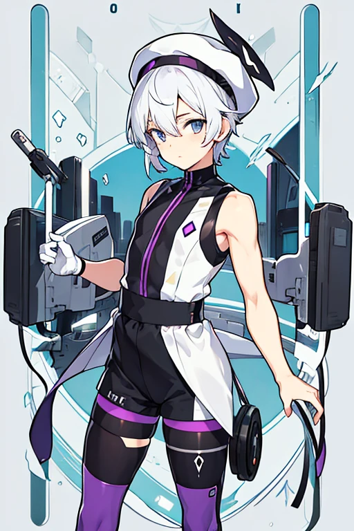 man, gay, short white hair with a purple fringe, White cap, with robotic left arm, black sleeveless shirt, Morados shorts, long tights, herrero