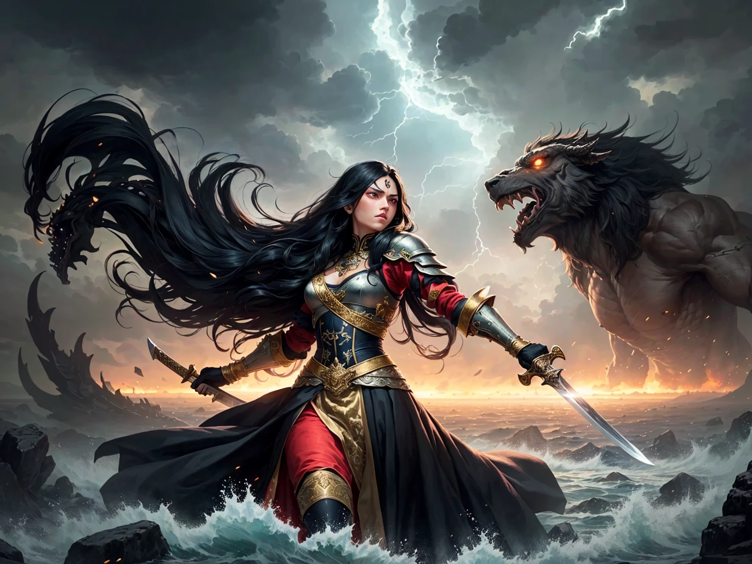 ((best quality)), ((masterpiece)), (detailed), A digital illustration of a furious queen with long black hair holding a sword and fighting off monsters in a stormy background. The women is wearing a queen traditional war attire