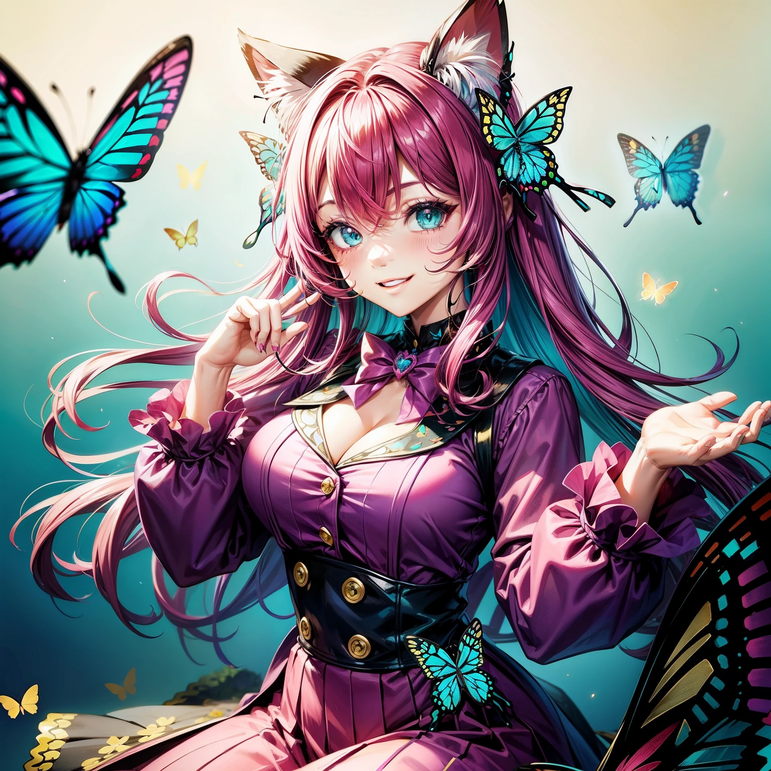 Magenta hair, pretty eyes, older woman, hair bows, cat ears, long hair, smiling face, sexy outfit, butterflies, teal and gold outfit, butterfly background, uniform top