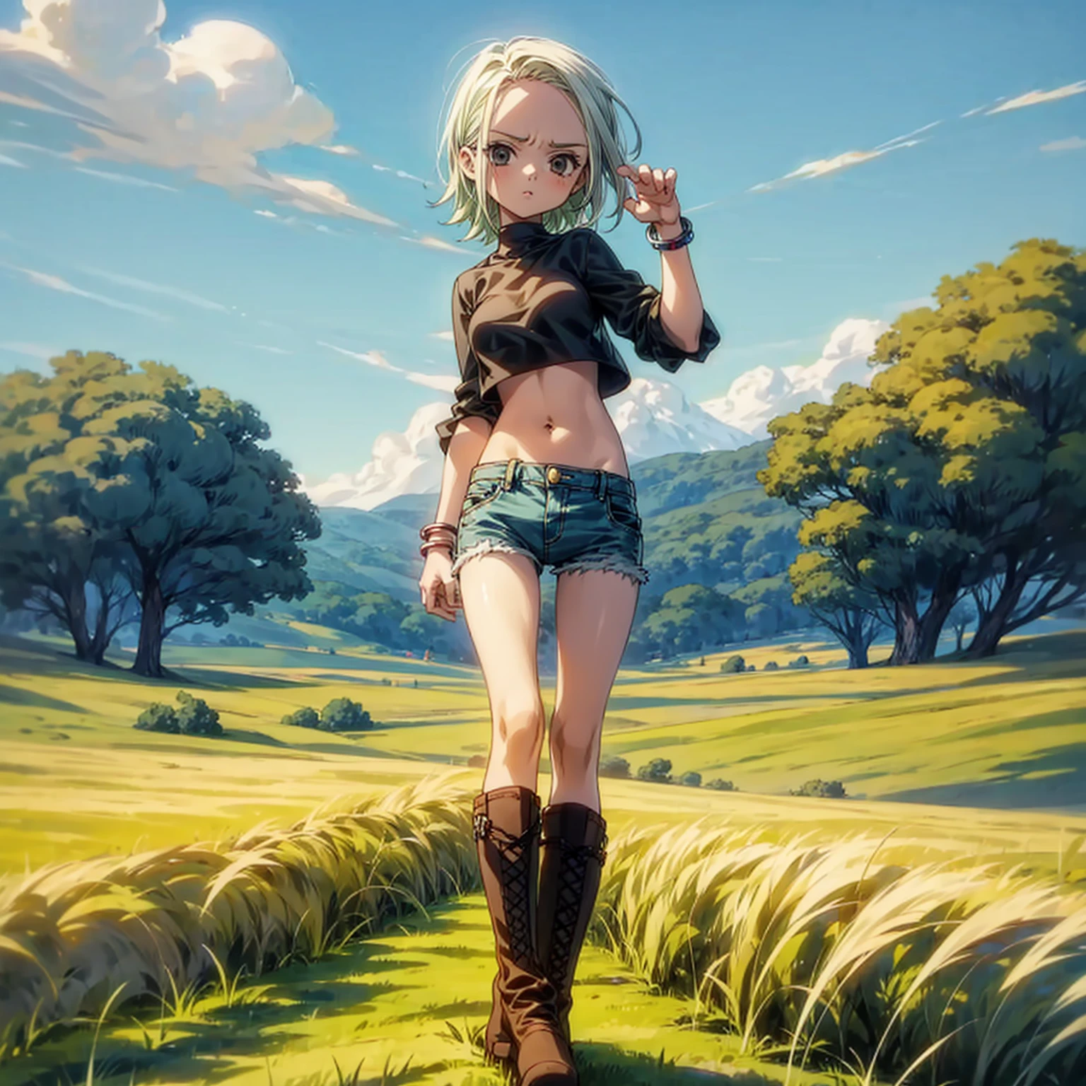 Solo character, full body version, kid girl, white half green color hair, black eyes, short hairstyle, black crop top, short jeans, bracelet, boots, sky blue, field, standing gesture, (one piece style art)