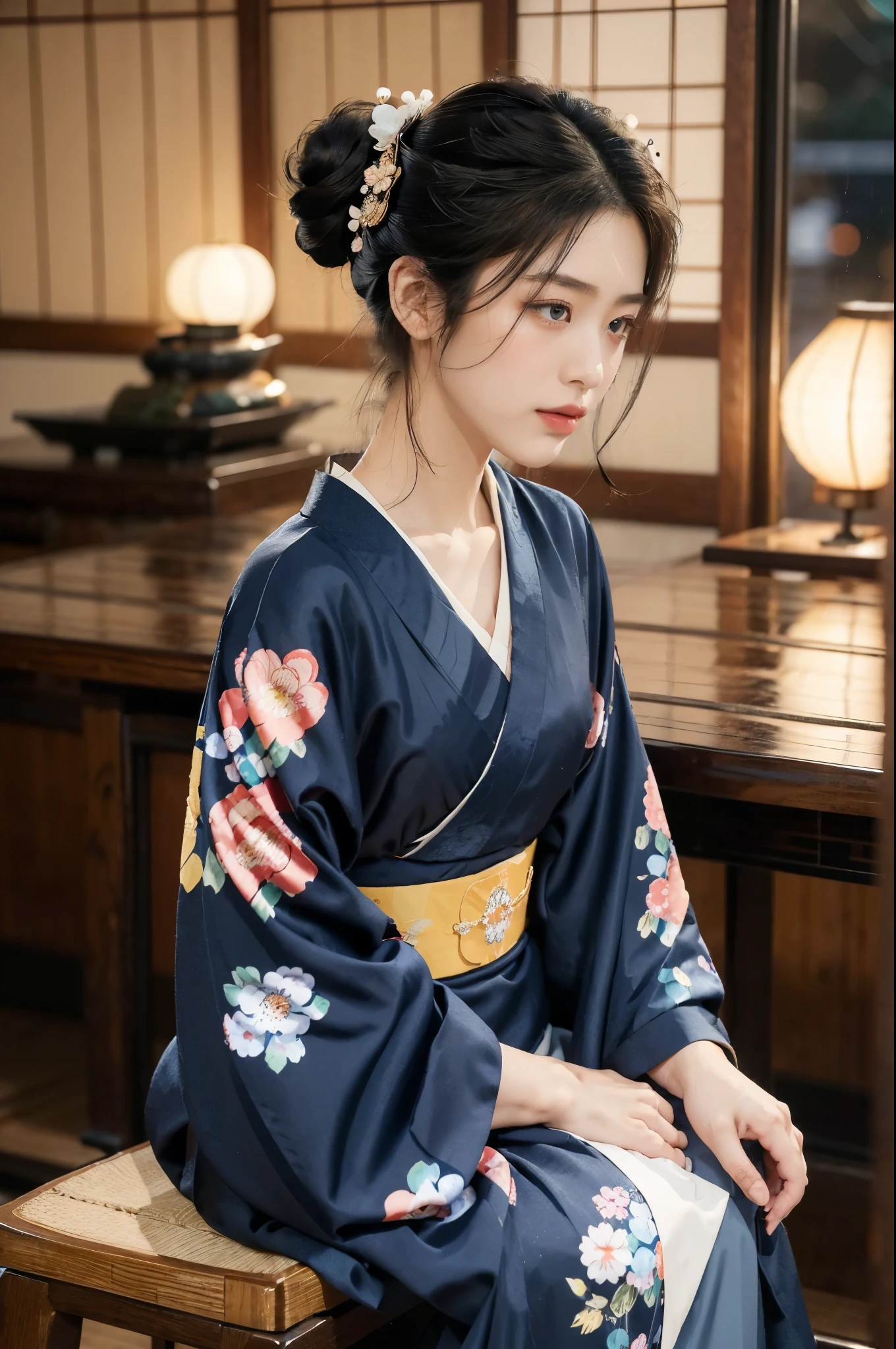 (((best quality))),(((ultra detailed))),(((masterpiece))),illustration,((1 beautiful Japanese girl,solo)),((slim,thin)),((small breasts,flat chest)),serene,melancholic,(rainy:1.3),(night scene:1.3),(in izakaya:1.3),(bun hair:1.2),(traditional Navy blue floral kimono:1.3),cozy atmosphere,ethereal appearance,delicate features,expressive eyes,contemplation,numbs loneliness,intricate kimono patterns,billowing kimono,traditional beauty,(Sitting on a stool at the dining table:1.3),sliding doors,rainy alley,soft glow lanterns,warm ambiance,vapor,atmospheric haze,introspection,isolation,beauty in solitude,complex emotions,quiet moments,Drinking Alone,narrative,loneliness,yearning,inner peace,((from front,upper body))