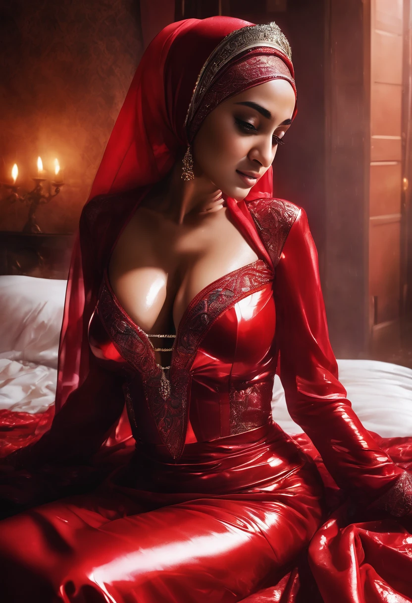 princes with women slave, hug, wearing a very transparent red dress, wet look, large breasts, wearing a hijab, orgasm, highly detailed, photorealistic, 8k, masterpiece, cinematic lighting, hot, sensual, red, warm, bed