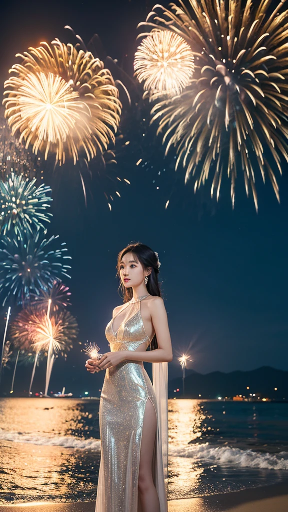 Picture of a very beautiful Thai girl wearing a white and gold sheer modern Thai dress., Standing on the beach with fireworks in hand. The atmosphere is beautiful with fireworks and colorful lights on New Year's Eve night., full body
