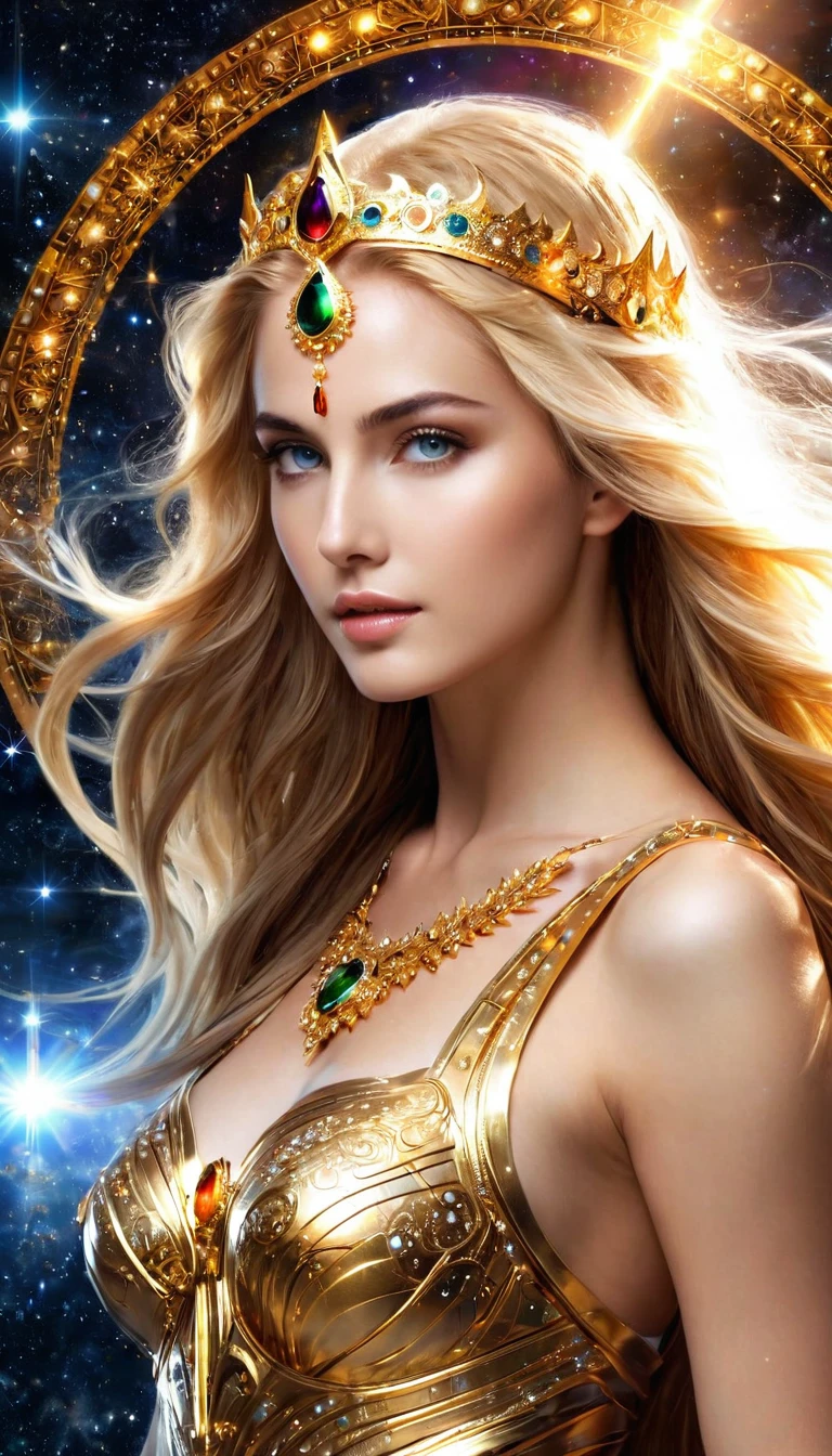 (Highest quality,High resolution,masterpiece:1.2),Very detailed,(Realistic,Realistic,Realistic:1.37)(Cosmic Love Goddess:1.1,beautiful:1.1,Spirit Body:1.1),Sacred Goddess,Heavenly Beauty,Supernatural Beings,Magnificent cosmic presence,Majestic celestial bodies,Dazzling aura,Mysterious glow,Transcendent elegance,(Luminous Energy:1.1),(Immortal God:1.2),A godsend,Mysterious clothing,Calm expression,Flowing golden hair,(Sparkling Eyes:1.1),(Heavenly Beauty:1.1),Magnificent Heaven,God&#39;s Love and Mercy,Colorful nebulae dance in the background.,Sparkling particles of stardust floating around her,As her divine powers grow、The galaxy swirls around her,Infinite space stretches beyond the horizon,Magical Tips(Magic twinkle:1.1),Cosmic rays envelope the sky in glow,(Vibrant colors:1.1),(Colors of the universe:1.1),A calming color palette,Evokes feelings of peace and tranquility,The Majestic Divine Being Who Fills the Universe,Magical atmosphere,(Subtle details:1.1),Delicate brushwork creates intricate patterns,(Mysterious brushwork:1.1),(Dreamy strokes:1.1),Highly detailed depiction of celestial features,Subtle gradients add depth to your images,Bring her to life、Attention to detail and texture,Perfectly realistic depiction,(Impressive definition:1.1),(Incredible realism:1.1),The attention to detail is so perfect you can see every single hair.,(Perfect photorealism:1.1),(Ultra-detailed illustrations:1.1),(芸術のmasterpiece:1.1),A perfect composition with a good balance of light and shadow,The soft yet vibrant lighting is her divine々It highlights the beauty of,The magical glow that emanates from her celestial body,Subtle highlights and shadows add depth and dimension,(Sublime Brilliance:1.1),(Fantastic lighting:1.1),(Shining Sparkle:1.1),(harmonious lighting:1.1)