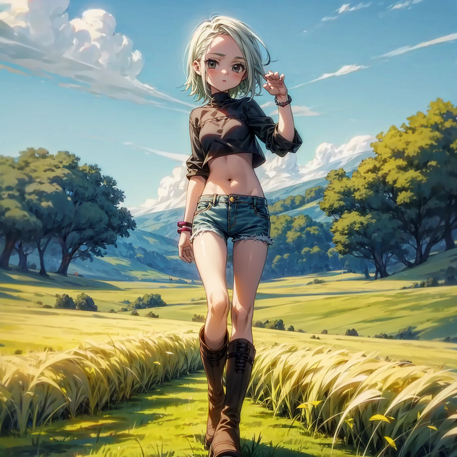 Solo character, full body version, , white half green color hair, black eyes, short hairstyle, black crop top, short jeans, bracelet, boots, sky blue, field, standing gesture