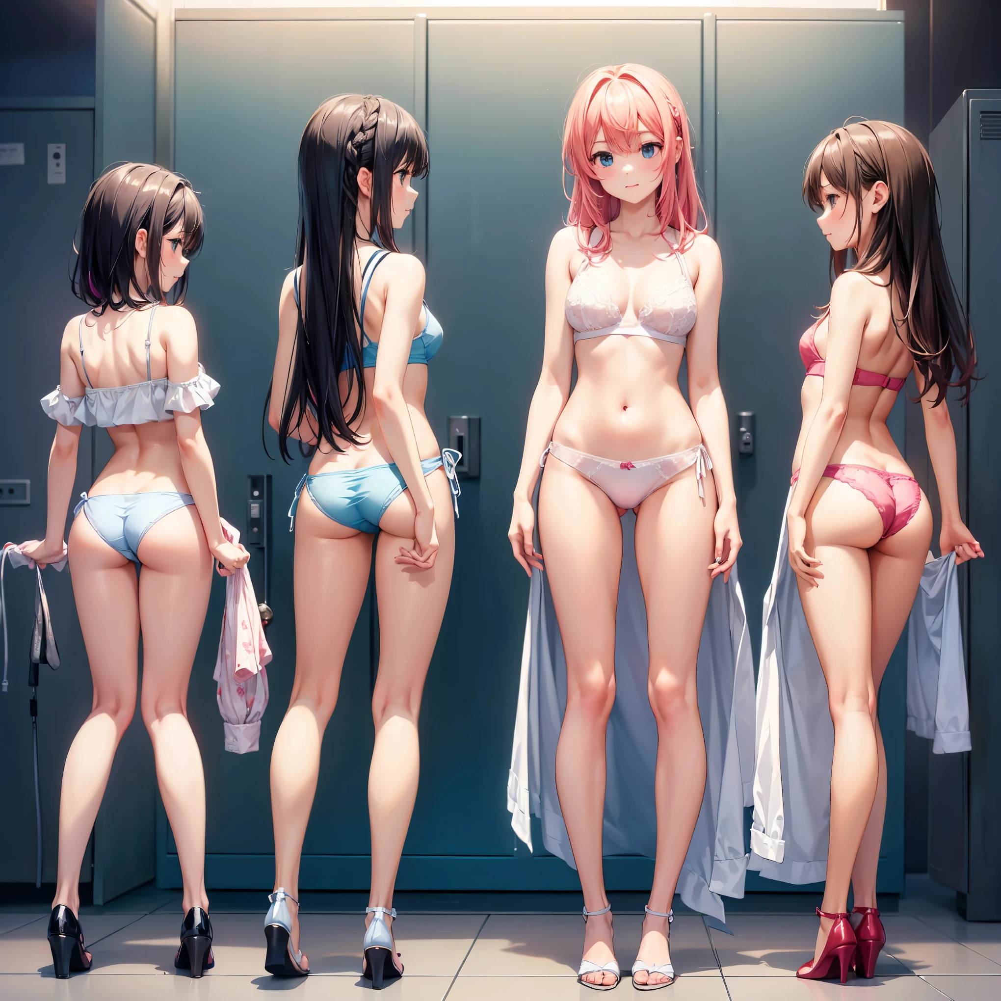 (((masterpiece, Highest quality, High resolution, 超High resolution, Perfect Pixel, Depth of written boundary, 4K, RTTX 10.0))), Beautiful Anime Woman, Beautiful art style, Anime characters, ((Smooth texture, Realistic texture, Anime CG Style)), Exact finger count、Exact number of legs、(Exact number of arms:1.0, Exact number of hands:1.0), (Perfect hands, Perfect Anatomy), Cinematic, Realistic, Extremely detailed CG, Daytime lighting, Perfect lighting, Best Shadow, The best natural light, whole body, Perfect body, バランのとれたPerfect body, Perfectly balanced style, (Slender body:1.2), Small face, ((bangs, Various hairstyles, Stylish hairstyle)), ((Rear view of three cute adult women chatting and changing in a changing room:1.8)), ((Sexy and cute white underwear, Sexy and cute light blue underwear, Sexy and cute pink underwear, vivid colored underwears:1.3), (Stylish shiny satin panties, Side-tie panties, Panties with lace trim:1.3), (Knee socks:1.3), loafers:1.3), (School changing room, locker room:1.5), naked, In underwear, whole body, All three are the same height, Accurate perspective, (Taking pictures secretly:1.3)