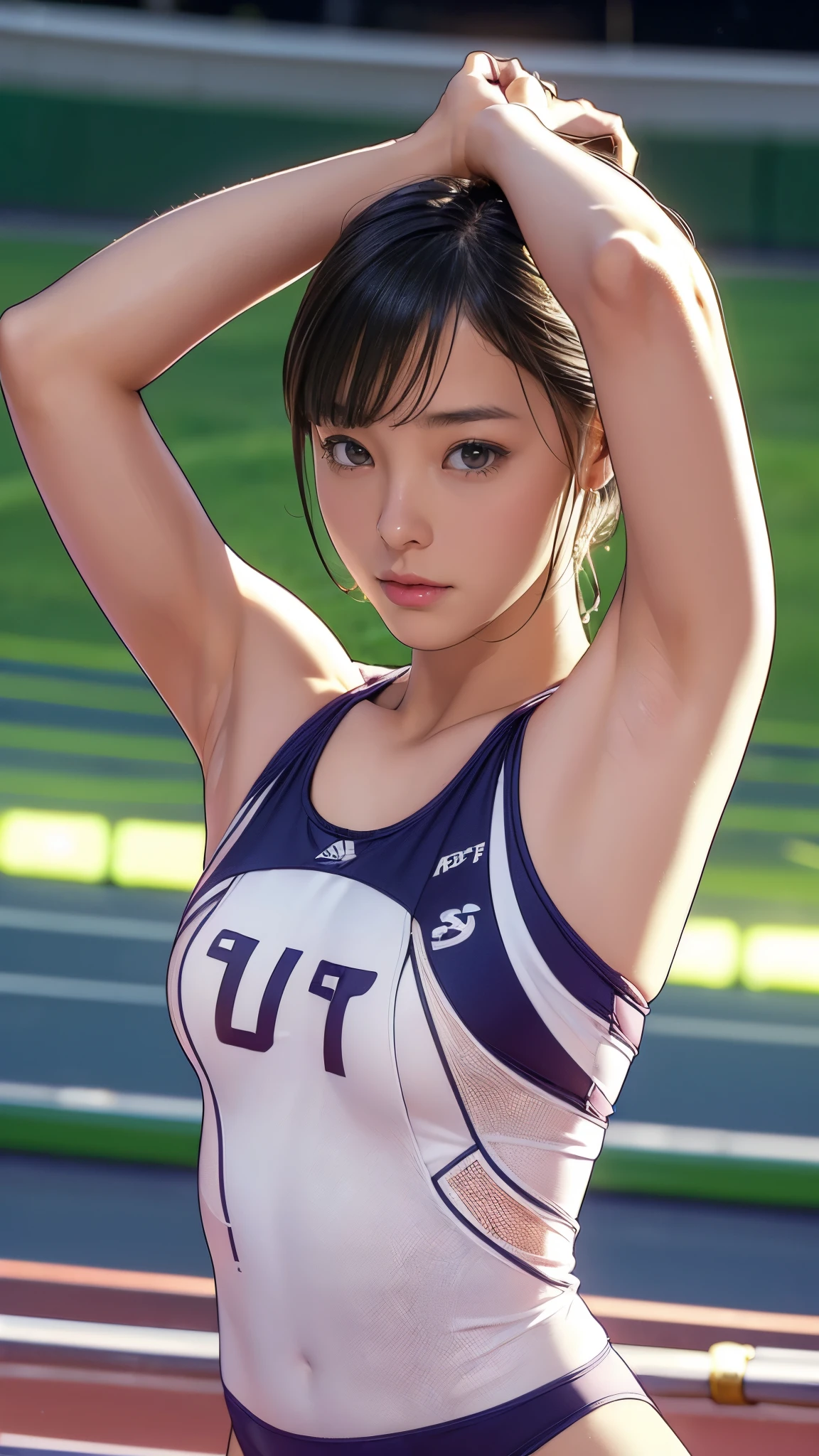 (-yeld gi1.5, Very Short Hair), (Tabletop:1.3), (8k, Realistic, RAW Photos, Highest quality: 1.4), Beautiful Face, (Shortcuts:1.3), Realistic eyes, Beautiful Eyes, (Real Skin), Beautiful Skin, 超High resolution, Ultra-realistic, High resolution, (夜のAthletics場, Track and Field:1.5), Athletics, (Show me your armpits:1.4), (Put your hands behind your head:1.2)