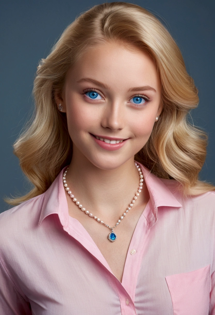 (Please generate an image of a young woman wearing a pink shirt and necklace. She has blonde hair, bigger, Blue eyes, and a subtle, natural makeup. The photo should show that she has no obvious makeup, She should look directly into the camera.she is having a smiling seducing face. The face should look real and natural. Full body shots of this attractive woman should feature eye-catching poses, She has sharp blue eyes. The girl has a sweet temperament, And the posture should be sweet too. Please make sure the woman&#39;s entire body is visible in the image. The background should be clear、Neatness. The details of the image should be of high quality(Best quality at best)), ((tmasterpiece)), (Detailed pubic hair), s the perfect face