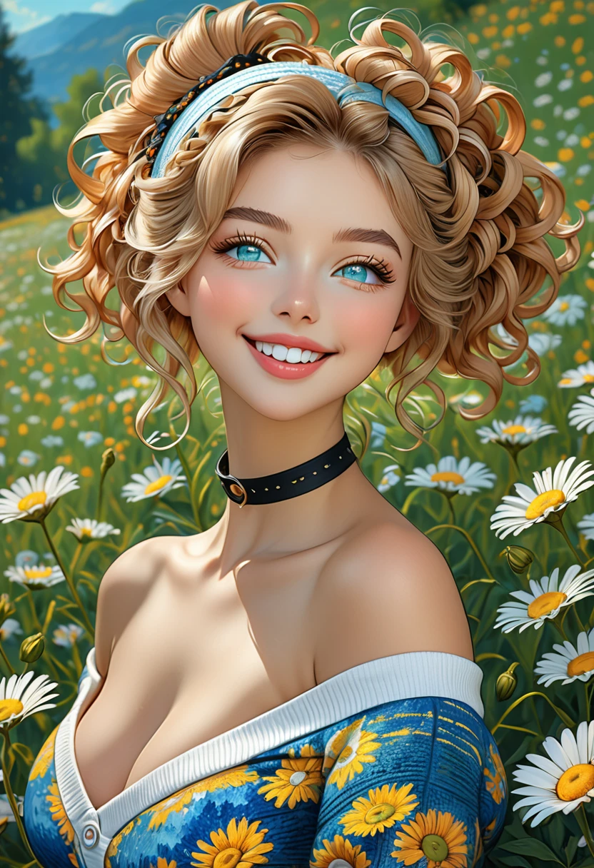Painting in the style of Van Gogh. Thirst trap, best quality, highly detailed, woman with the appearance of Masiela Lusha, solo, twintails, off-shoulder sweater, choker, jacket, hairband, looking at viewer, smile, blush, Wide Smile, large big, wide, thick beautiful lips. with hair that is coarse, wiry, and tightly curled. It often has a rough texture, feels stiff to the touch, and may be prone to frizz and tangling. curls can be densely packed. Looking at viewer Eyes Detailed & Wide, sexy Pose. Ultra HD, Rococo-Inspired Fantasy Art With Intricate Details. Cute, Charming Expression, Alluring-Gaze, looking at viewer Beautiful Eyes, An-Ideal-Figure. Large Youthful Well-Shaped-Breasts, Massive-Round-Bosom, Décolletage. slim waist, fit body, full lipsWarm lights. Background is a panoramic vista of a lush green meadow full of daisies.
