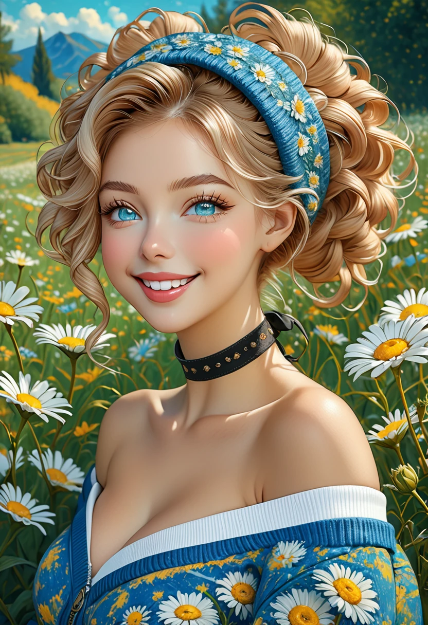 Painting in the style of Van Gogh. Thirst trap, best quality, highly detailed, woman with the appearance of Masiela Lusha, solo, twintails, off-shoulder sweater, choker, jacket, hairband, looking at viewer, smile, blush, Wide Smile, large big, wide, thick beautiful lips. with hair that is coarse, wiry, and tightly curled. It often has a rough texture, feels stiff to the touch, and may be prone to frizz and tangling. curls can be densely packed. Looking at viewer Eyes Detailed & Wide, sexy Pose. Ultra HD, Rococo-Inspired Fantasy Art With Intricate Details. Cute, Charming Expression, Alluring-Gaze, looking at viewer Beautiful Eyes, An-Ideal-Figure. Large Youthful Well-Shaped-Breasts, Massive-Round-Bosom, Décolletage. slim waist, fit body, full lipsWarm lights. Background is a panoramic vista of a lush green meadow full of daisies.