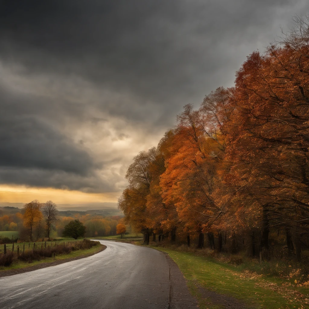 landscape. autumn. trees. Foliage is a little green, more yellow, orange and red. Black cumulus clouds in the sky. gusts of wind, leaves fly from the trees and fall from the ground. Heavy rain. Copper raindrops in the foreground. 
Puddles on the path. 
High quality, detailing. Realism. Rain. 
