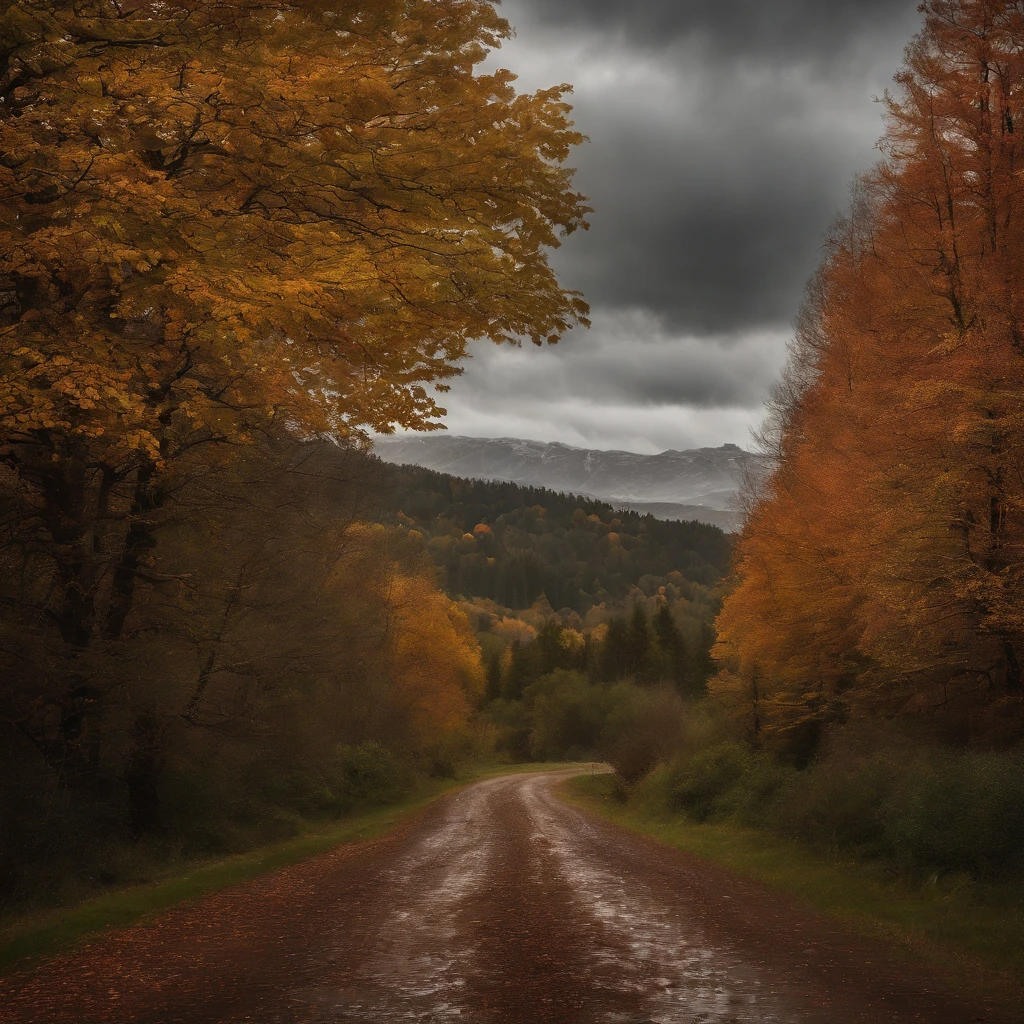 landscape. autumn. trees. Foliage is a little green, more yellow, orange and red. Black cumulus clouds in the sky. gusts of wind, leaves fly from the trees and fall from the ground. Heavy rain. Copper raindrops in the foreground.
Puddles on the path.
High quality, detailing. Realism. Rain.