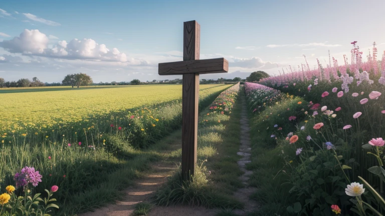 Cross with flowers in the background