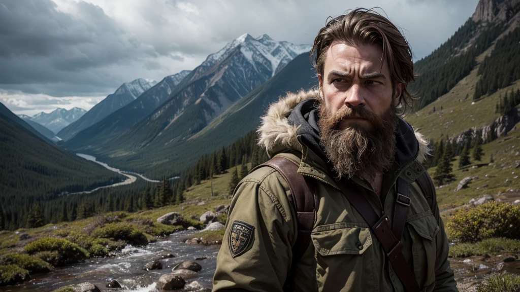 Create an image depicting Jeremiah "Liver-Eating" Johnson in a rugged wilderness setting. Show him with a stern and determined expression, armed with a knife or a rifle, emphasizing his readiness for survival and justice. The background can include dense forests or mountainous terrain, reflecting the harsh environment he navigates. The image should convey a sense of strength and resolve, highlighting Johnson's character and his journey.