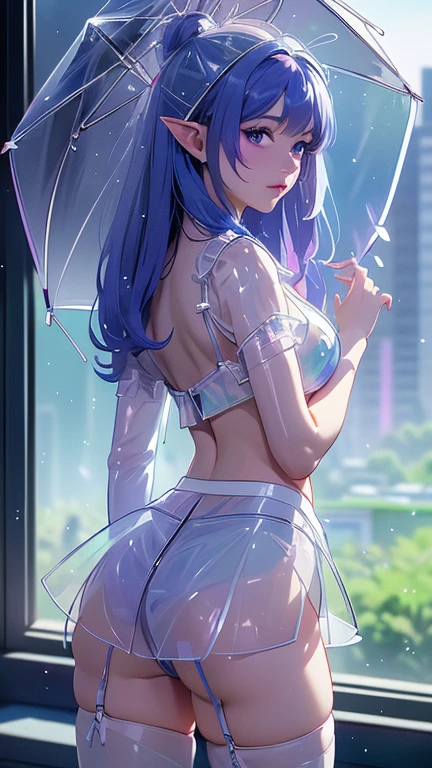 (rear view, backside view),(The best quality,A high resolution,Ultra - detailed,actual),Ariana Grande、Downpour、urban landscape、with raincoat、landscape of urban landscape、by the green wide、elf、crying face、worried expression,( Lingerie panties blue violet :1.4), (miniskirt white plastic transparent :1.4 ), (mostrando panties white :1.4) 