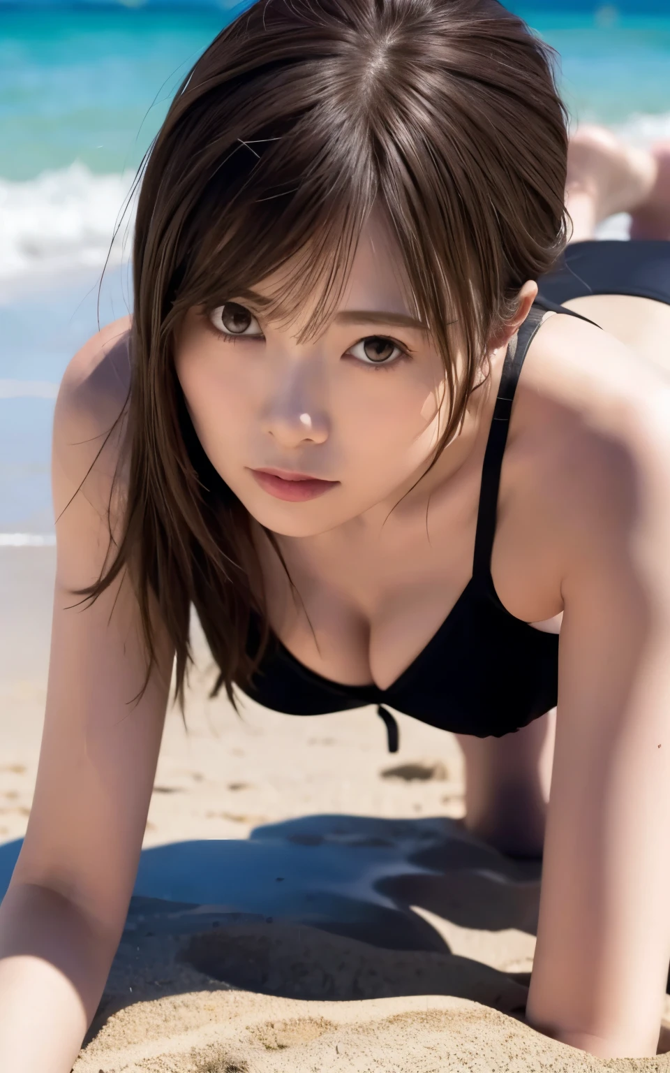 Atmospheric perspective, 8k, Super Detail, Accurate, Highest quality，Crawling on all fours on the beach，Black, extremely small swimsuit， 1 female, Low Angle, Exquisitely designed, gravure,