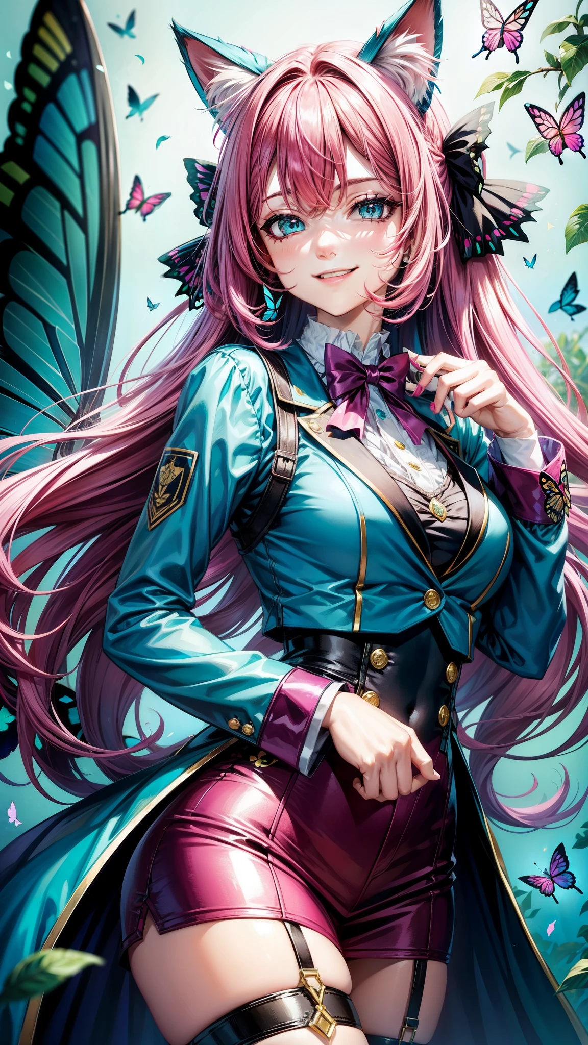 Magenta hair, pretty eyes, older woman, hair bows, cat ears, long hair, smiling face, sexy outfit, butterflies, teal and gold outfit, butterfly background, uniform top