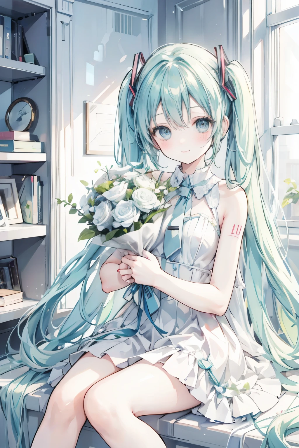 Hatsune Miku　White Dress　Holding a bouquet　smile　Blushing