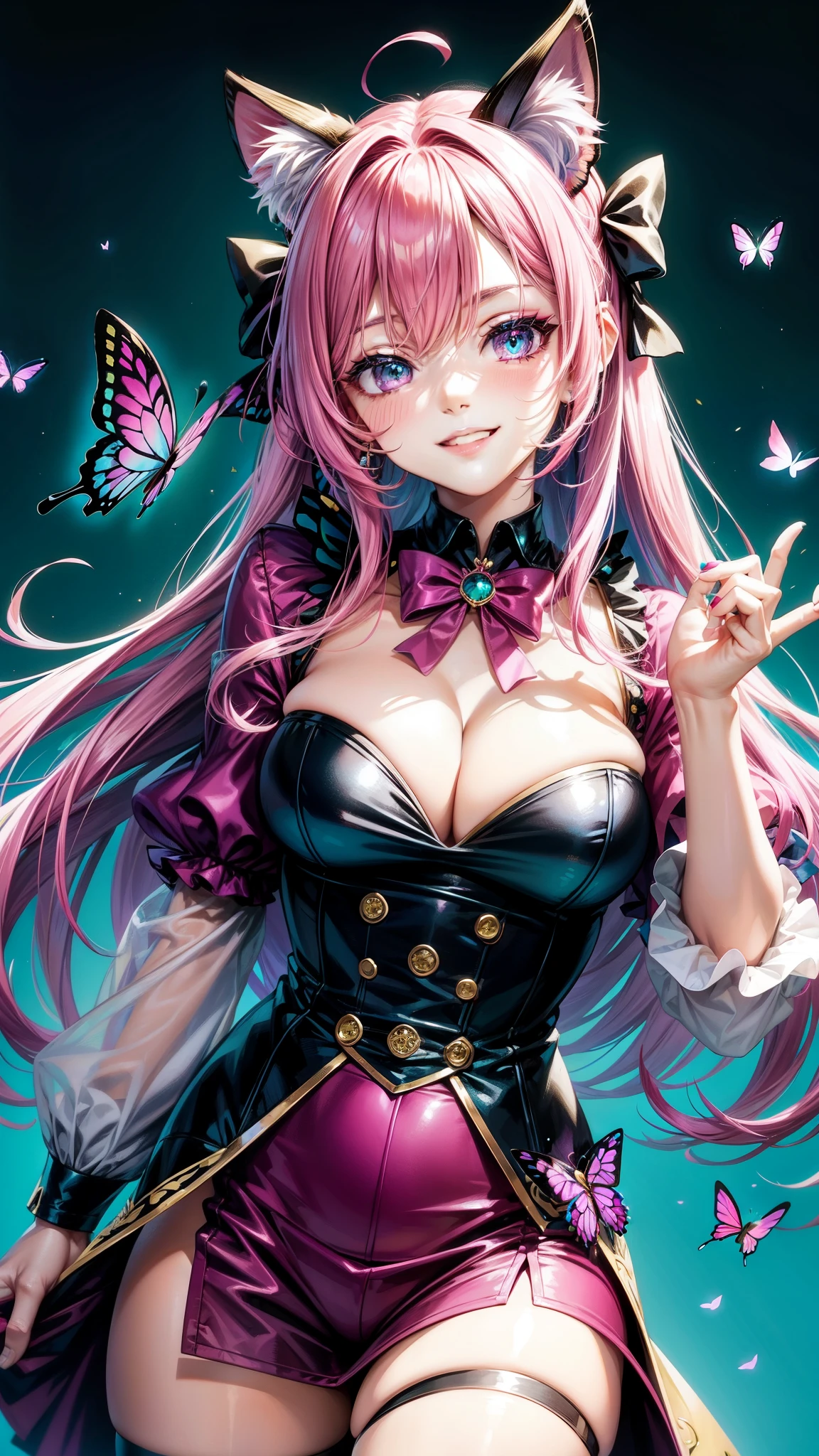 Magenta hair, pretty eyes, older woman, hair bows, cat ears, long hair, smiling face, sexy outfit, butterflies, teal and gold outfit, butterfly background, uniform top