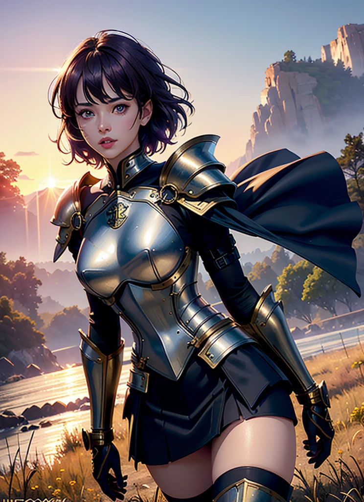 1 girl, short purple hair, beautiful detailed dark brown eyes, beautiful detailed lips, red head ribbon, knight armor, golden breastpiece, golden shoulder pads, black skirt, armored leggings, standing in field, giant tree, sunset, vibrant, god rays, (best quality,4k,8k,highres,masterpiece:1.2),ultra-detailed,(realistic,photorealistic,photo-realistic:1.37),HDR,UHD,studio lighting,ultra-fine painting,sharp focus,physically-based rendering,extreme detail description,professional,vivid colors,bokeh,fantasy,digital art