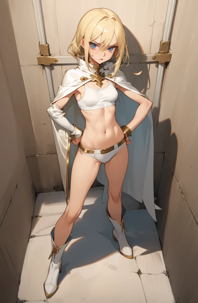 (masterpiece), Highest quality, Expressive eyes, Perfect Face, Skinny girl, small and taut breasts, Short blonde, White Cape, Tight white sports bra, Tight white low rise briefs, White boots, Hands on hips, In a prison cell, Clothes full of gold trim, Clothes full of metal tips, Angry expression on face