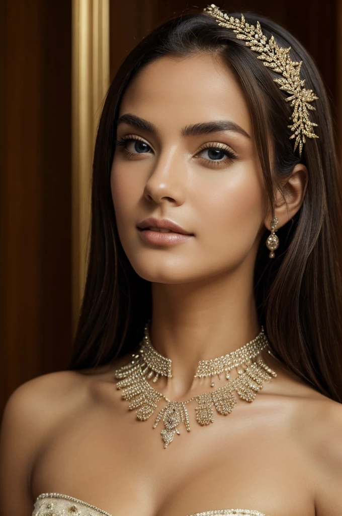 Arafe woman wearing hijab and necklace, complex set, Bejeweled, Wearing bra, Exquisite Jewelry, with Intricate details, Elaborate costumes, Wearing elegant jewelry, Intricate details. from the front, Black Jewelry, Jewelry made with attention to detail, high Intricate details, Hand Jewelry Model Photos, Close-up portrait, Complex beauty, Exquisite Jewelry, side view Intricate details, masterpiece, 最high quality, high quality, High resolution, Beautiful Face、(Realistic Face)、Realistic eyes、beautiful detailed eyes、Realistic Skin、Beautiful Skin、Ultra-realistic、Very detailed、Beautiful lighting、Sharp focus、Various poses、超Detailed face、fine aiole hair、brown hair、Long Hair、Beautiful hairstyle、Detailed face、Exposed breasts、Cleavage、(Big Breasts)、Incredibly stupid, It seems ridiculous., (((Black background)))((wearing Big floral mini dress:1.3))、