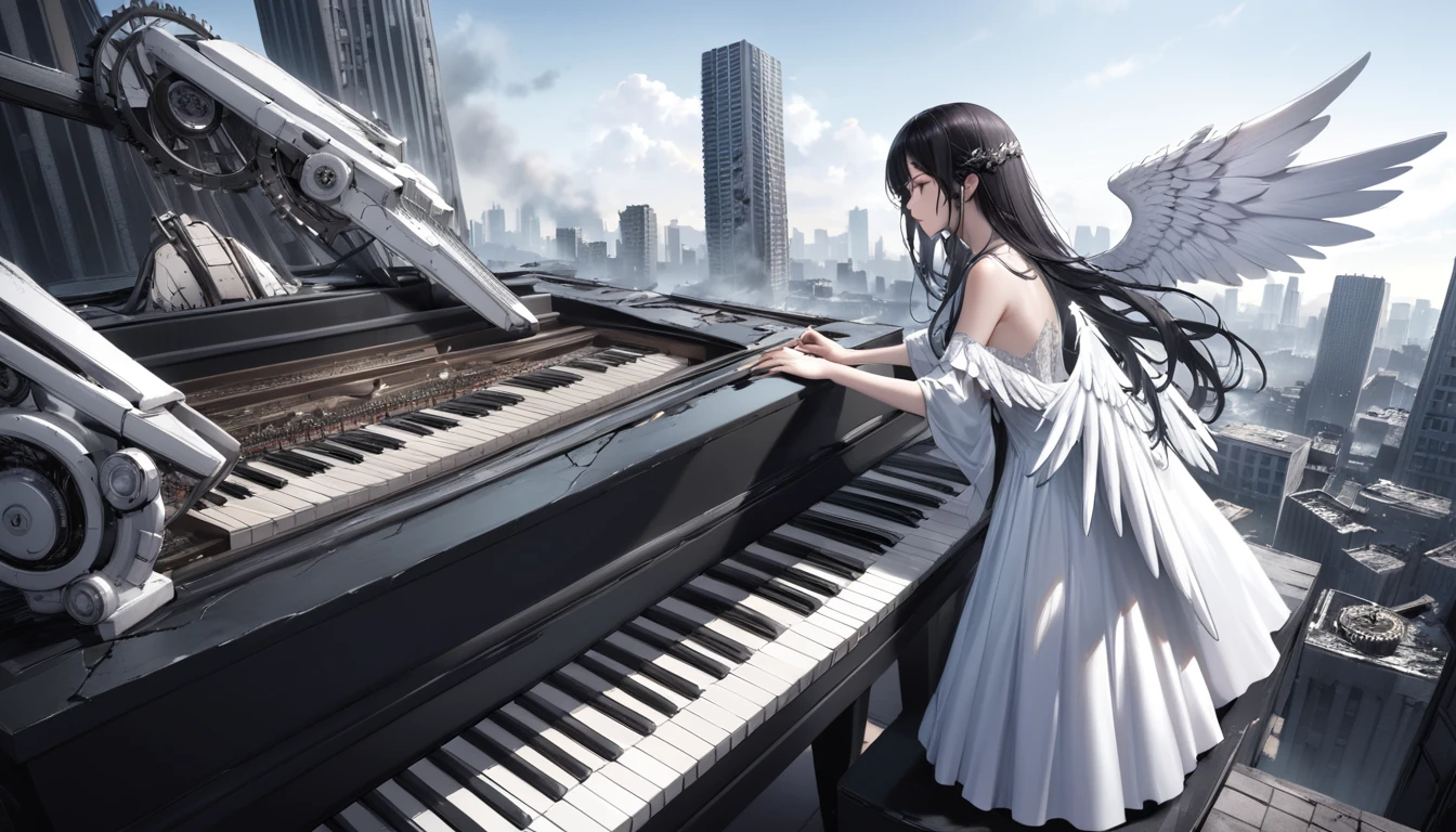 ultra realistic, adolescence girl, (a lot of frills), (black long hair), The black-haired angel has a (body of pure white machinery), white wings are composed of intricately crafted gears and wires, On the rooftop of a ruined skyscraper, a black-haired mechanical angel play the piano. Her pure white body, in contrast to the surrounding devastation, seems to symbolize new life. As her fingertips touch the piano keys, a beautiful melody resonates in the silence.