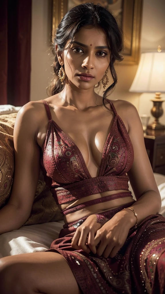 a indian mature woman, hypnotized, wearing a beautiful indian bed room sexy dress, detailed facial features, detailed eyes, detailed lips, intricate details, beautiful lighting, cinematic, highly detailed, masterpiece, 8k, hyper realistic, photorealistic, dramatic lighting, vibrant colors, chiaroscuro, oil painting