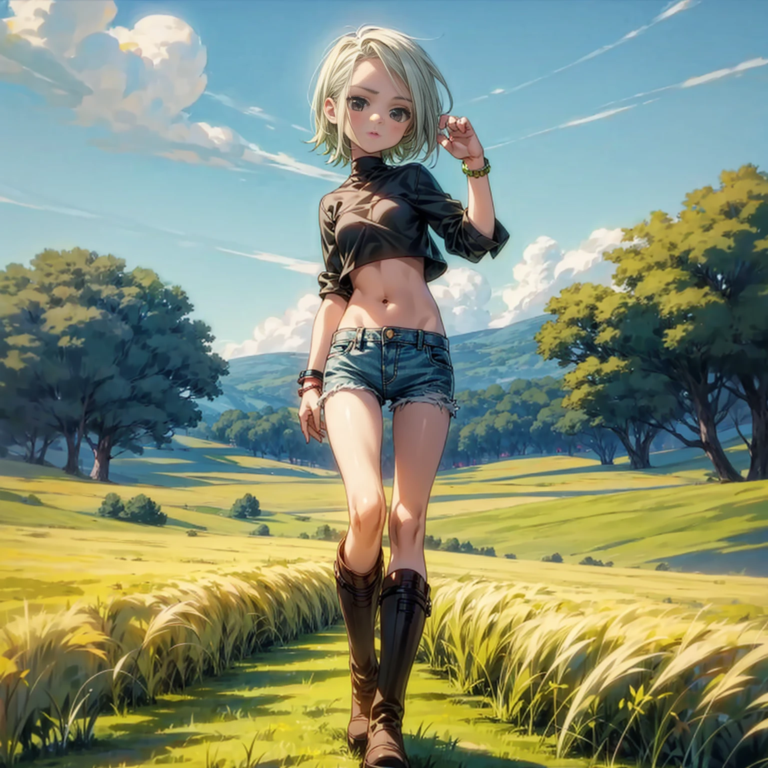 Solo character, full body version, kid girl, white half green color hair, black eyes, short hairstyle, black crop top, short jeans, bracelet, boots, sky blue, field, standing gesture