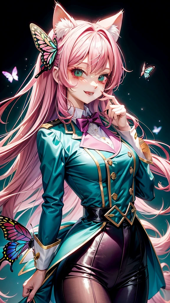 Magenta hair, pretty eyes, older woman, hair bows, cat ears, long hair, smiling face, sexy outfit, butterflies, teal and gold outfit, butterfly background, uniform top
