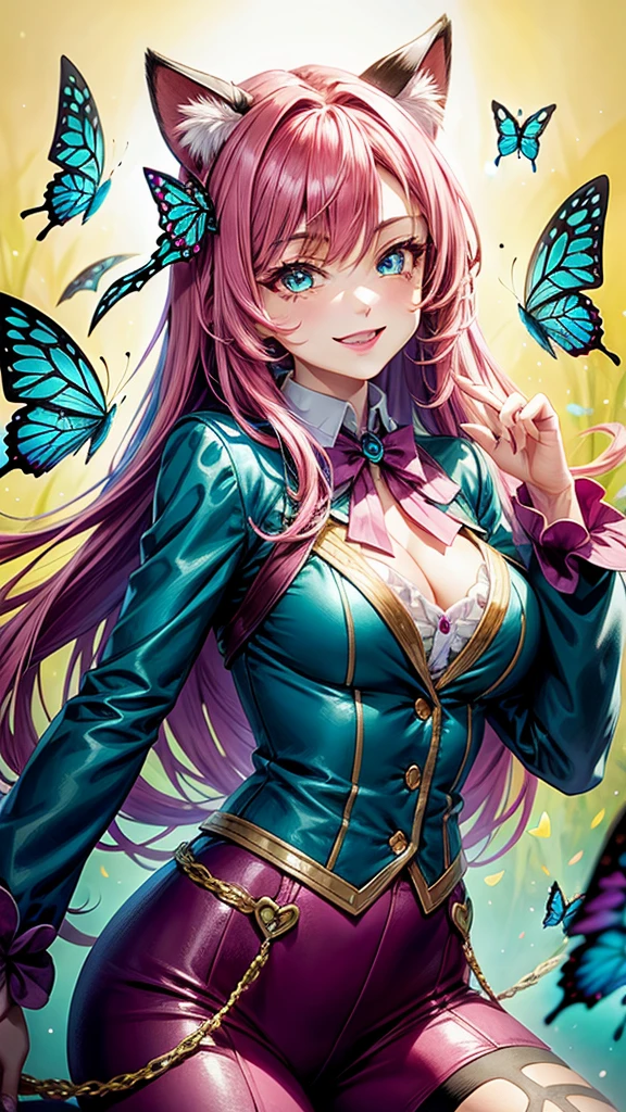 Magenta hair, pretty eyes, older woman, hair bows, cat ears, long hair, smiling face, sexy outfit, butterflies, teal and gold outfit, butterfly background, uniform top