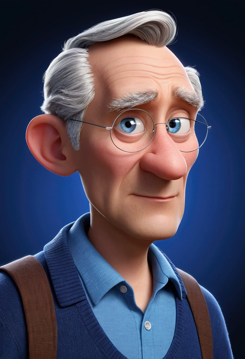 Мультяшный персонаж пожилой man создаёт персонажа в стиле Disney Pixar, man, WHITE, dark short hair; Blue eyes; animated character; Rendering Animation Styles, 3d stylized, cartoon rendering, detailed texture, shoulder-length profile shot, an old man