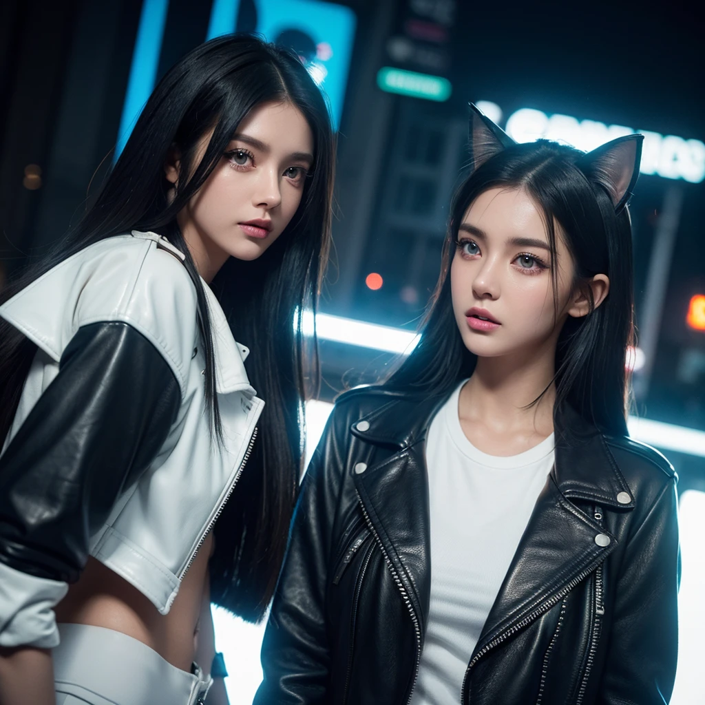 a cat-eared girl, beautiful detailed eyes, beautiful detailed lips, extremely detailed face, long eyelashes, attractive, busty, leather jacket, white shirt, walking on neon streets, side view, 8k, high quality, photorealistic, cinematic lighting, vibrant colors, neon lights, ambient occlusion, depth of field