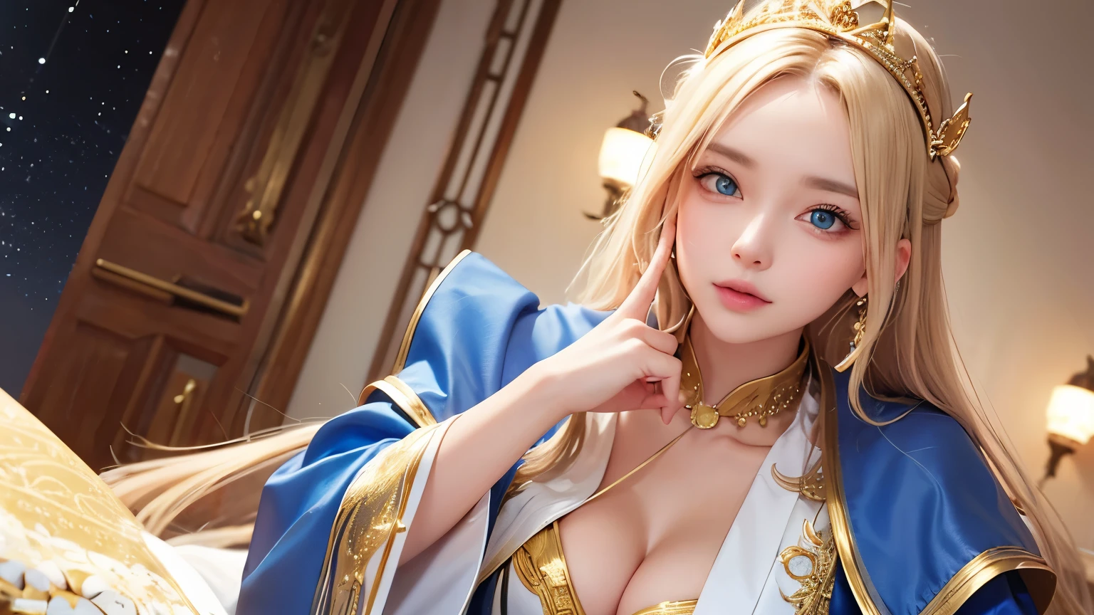 age: Late 20s Gender: woman
hairdo: Blonde, long, Wave Eyes: Blue Eyes、Golden ratio face、
Skin color: Bright clothing: Glittering Robe, Blue and gold tones, star模様
アクセサリー: Gold Necklace, starのシンボル, Big earrings personality:
grace、Dignified、intellectual、Charm、Birthplace: star明かりの王国
特技: 占star術, leadership, Song Situation:
place: Castle in the Sky, starが輝く夜
行動: star々Observe,
Props: crown, starの杖, Celestial globe、Cang、black、white、A world-class professional photographer uses SONY α7 III, Photographed with FE 16-35mm F4 ZA OSS