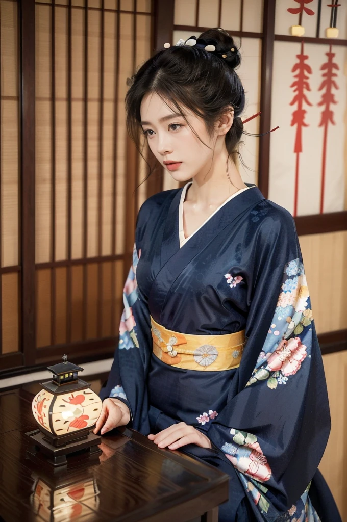 (((best quality))),(((ultra detailed))),(((masterpiece))),illustration,((1 beautiful Japanese girl,solo)),((slim,thin)),((small breasts,flat chest)),serene,melancholic,(rainy:1.3),(night scene:1.3),(in izakaya:1.3),(bun hair:1.2),(traditional Navy blue floral kimono:1.3),cozy atmosphere,ethereal appearance,delicate features,expressive eyes,contemplation,numbs loneliness,intricate kimono patterns,billowing kimono,traditional beauty,(Sitting on a stool at the dining table:1.3),sliding doors,rainy alley,soft glow lanterns,warm ambiance,vapor,atmospheric haze,introspection,isolation,beauty in solitude,complex emotions,quiet moments,Drinking Alone,narrative,loneliness,yearning,inner peace,((from front,upper body))