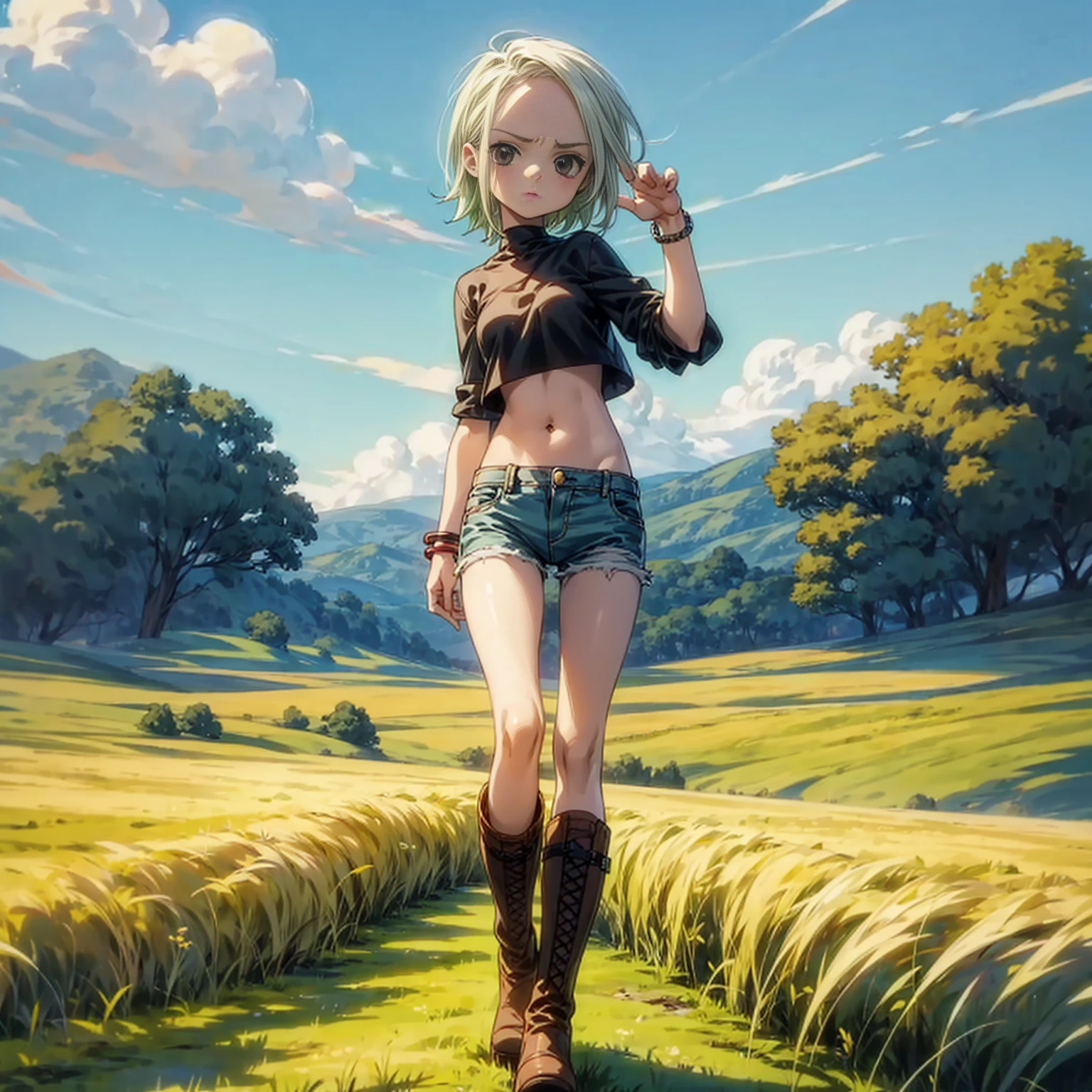 Solo character, full body version, kid girl, white half green color hair, black eyes, short hairstyle, black crop top, short jeans, bracelet, boots, sky blue, field, standing gesture, (one piece style art)