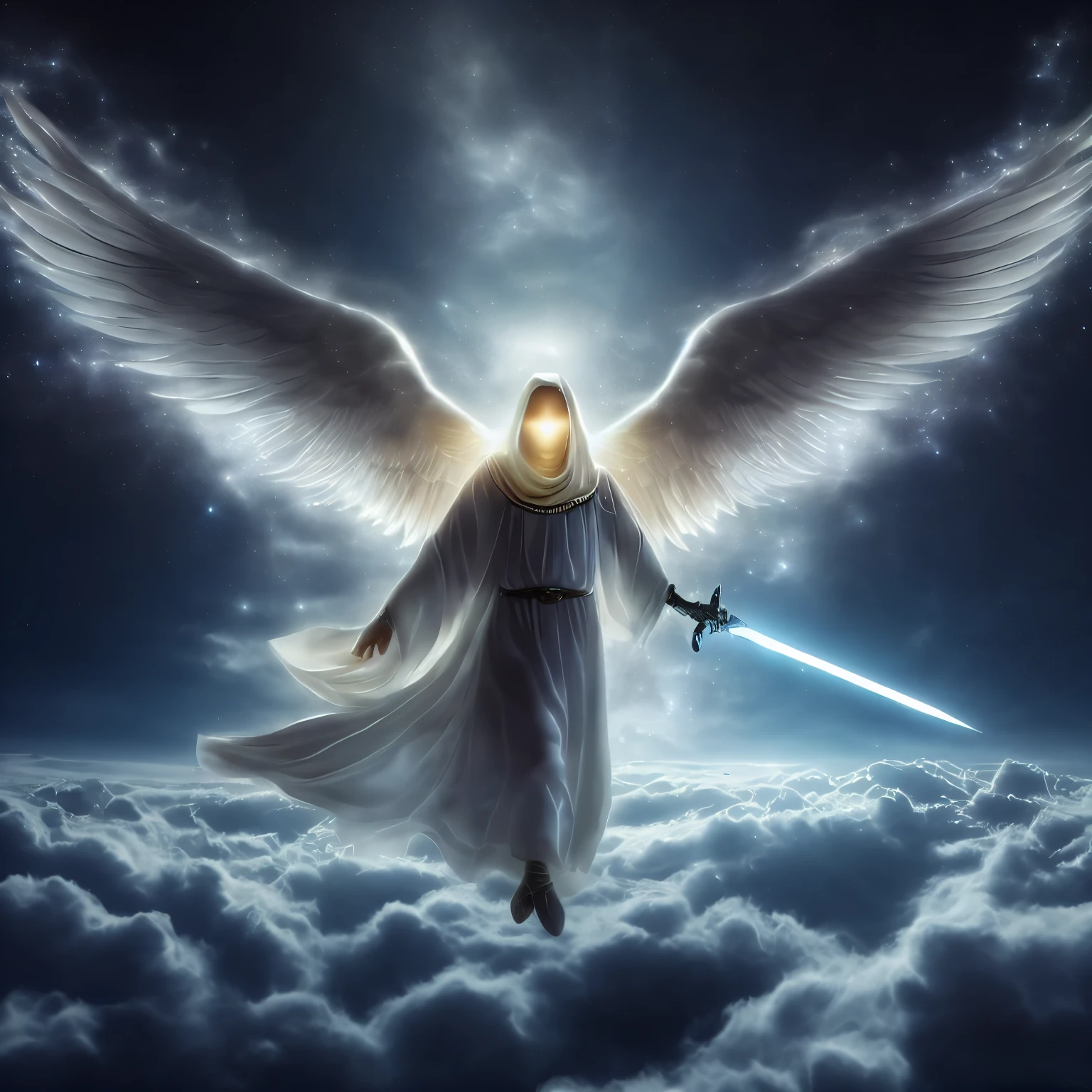 arafed angel with sword in the sky with stars, the angel of death with a halo, biblical accurate angel, angel, ethereal angelic being of light, glowing angelic being, angel protecting man, an angel of the dawn light, angel in plastic armor, super wide angel, futuristic robot angel, angel protecting woman, the angel of death, big white glowing wings