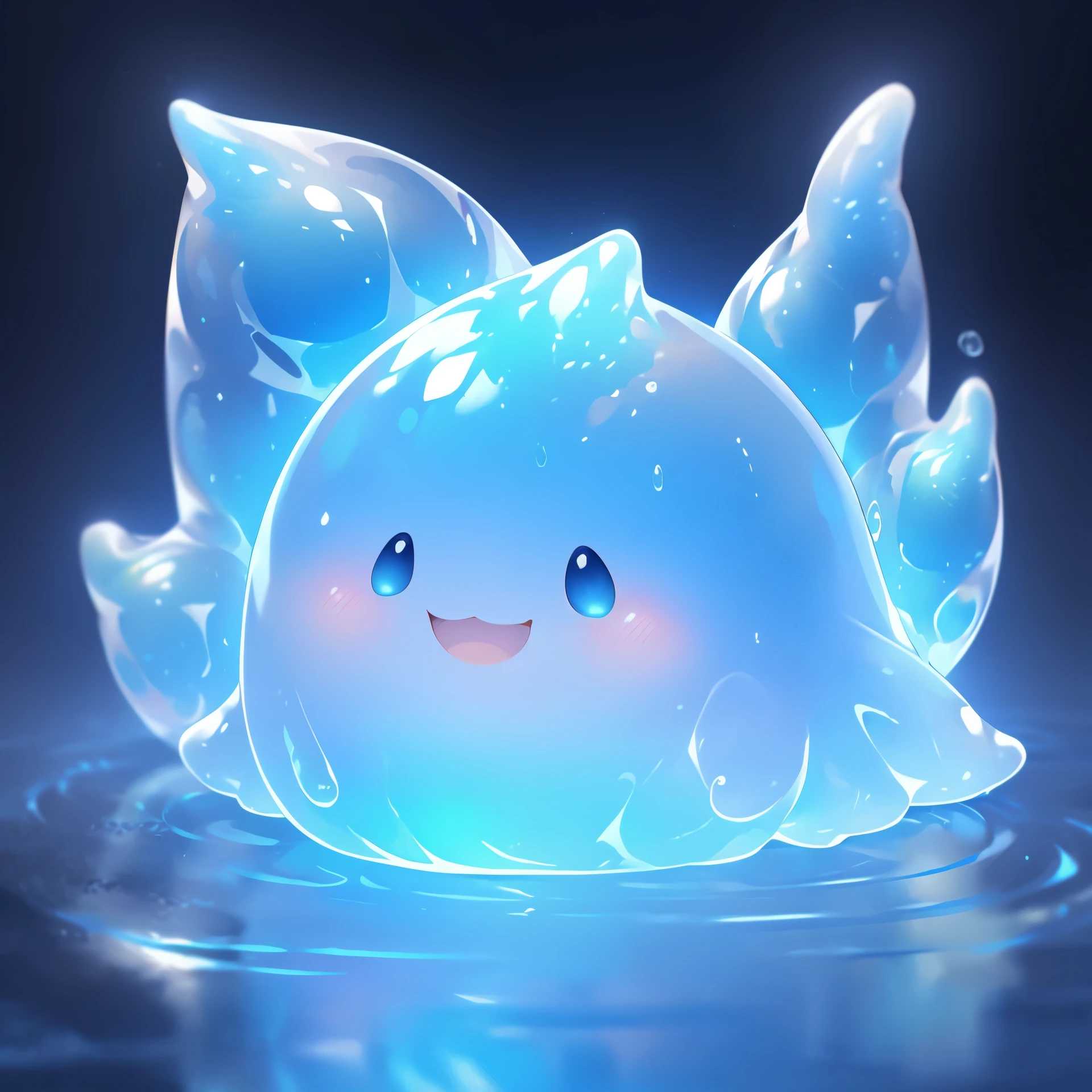 a cute blue slime, transparent liquid sphere, gelatinous, gooey, shimmering, reflective surface, soft form, slimy, amorphous, undulating, liquid-like, viscous, bioluminescent, glowing, floating in midair, Abstract, minimalist, geometric, surreal, dreamlike, 8k, high quality, cinematic, volumetric, physically-based rendering