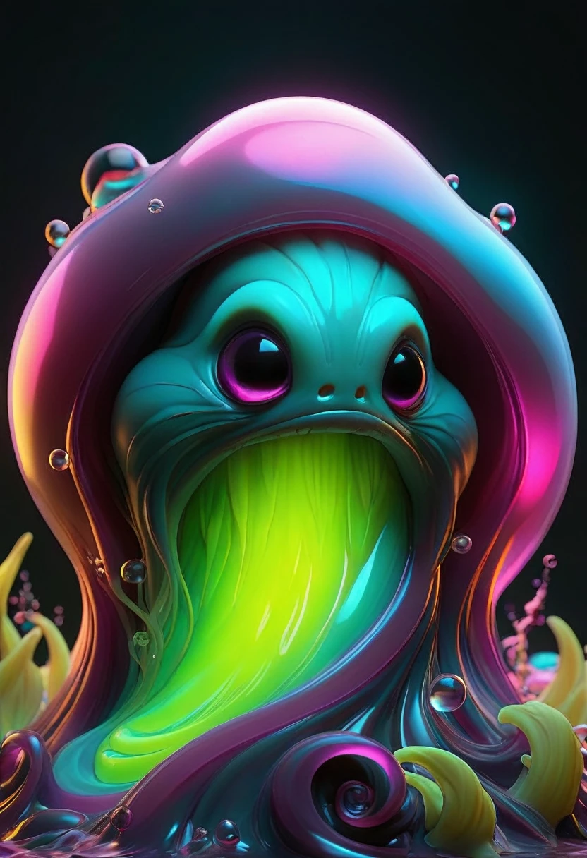 a slime creature, gelatinous body, transparent viscous texture, vibrant neon colors, glowing translucent orbs, undulating amorphous form, surreal ethereal environment, hyper-detailed, 8k, photorealistic, cinematic lighting, dramatic shadows, vibrant bioluminescence, intricate organic patterns, mesmerizing movement, dreamlike surreal atmosphere